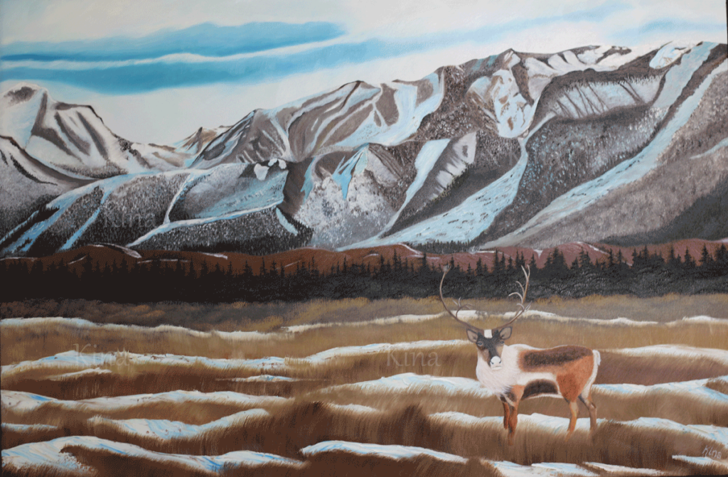 Mountain scene with caribou