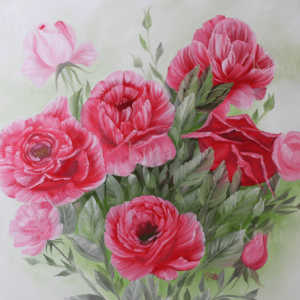 Pink rose bush painting that has been cropped more more convenient framing