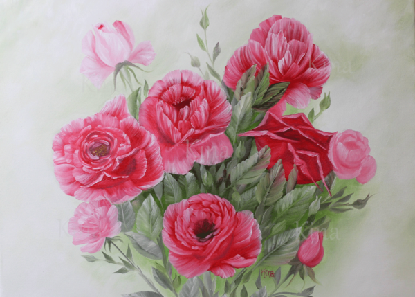 Pink rose bush painting that has been cropped more more convenient framing