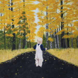 Painting of a toddler running down a path in the fall