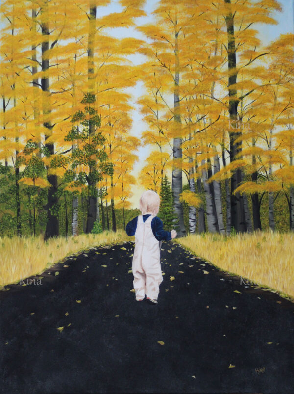 Painting of a toddler running down a path in the fall