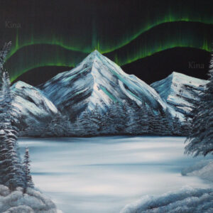 A painting of the northern lights over a mountain range