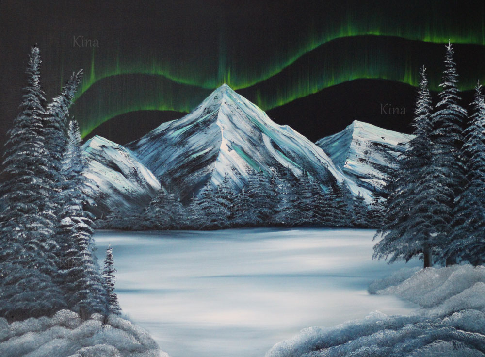 A painting of the northern lights over a mountain range