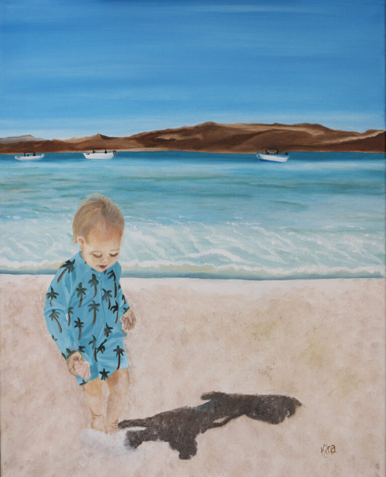 A print of a painting of a toddler on the beach