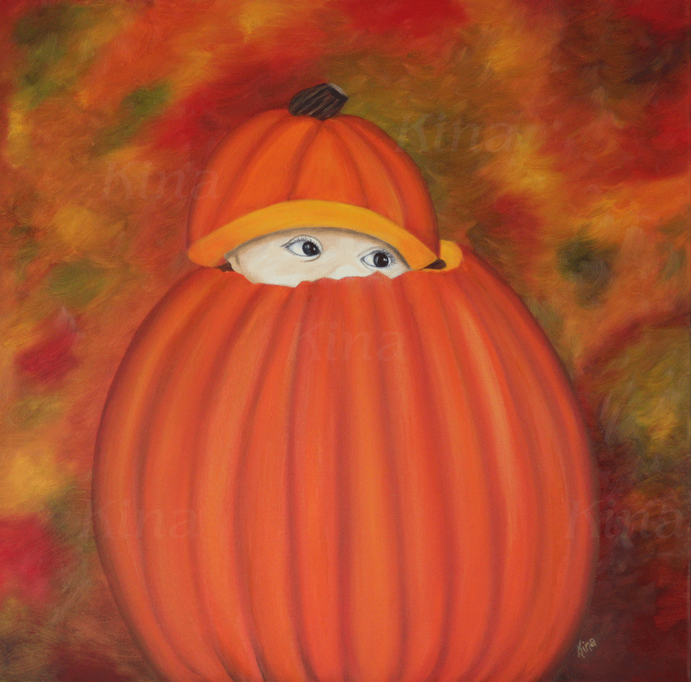 Picture of a small child in a pumpkin peeking out.