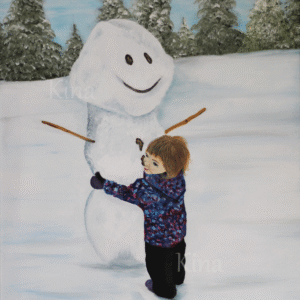 Painting of a girl hugging a snowman
