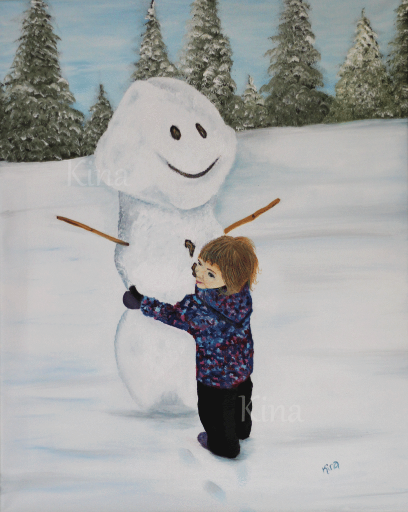 Painting of a girl hugging a snowman