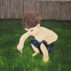 painting of a little boy pointing at a bug