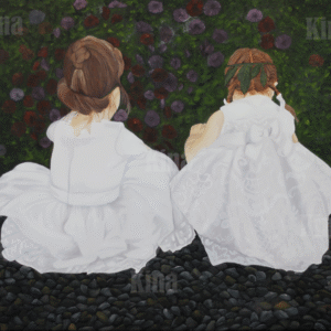 A picture of a pinting of twp flower girls looking at bushes of flowers.