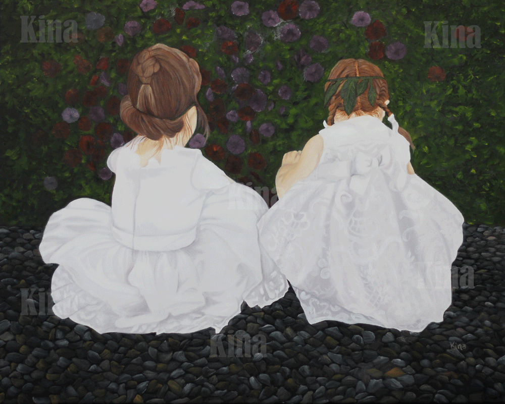 A picture of a pinting of twp flower girls looking at bushes of flowers.