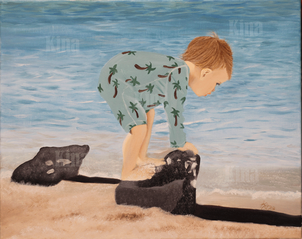 picture of a painting of a boy on a rock at the beach