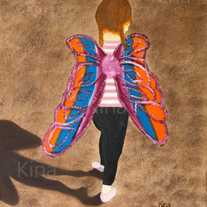 A picture of a painting of a little girl wearing a pair of fairy wings