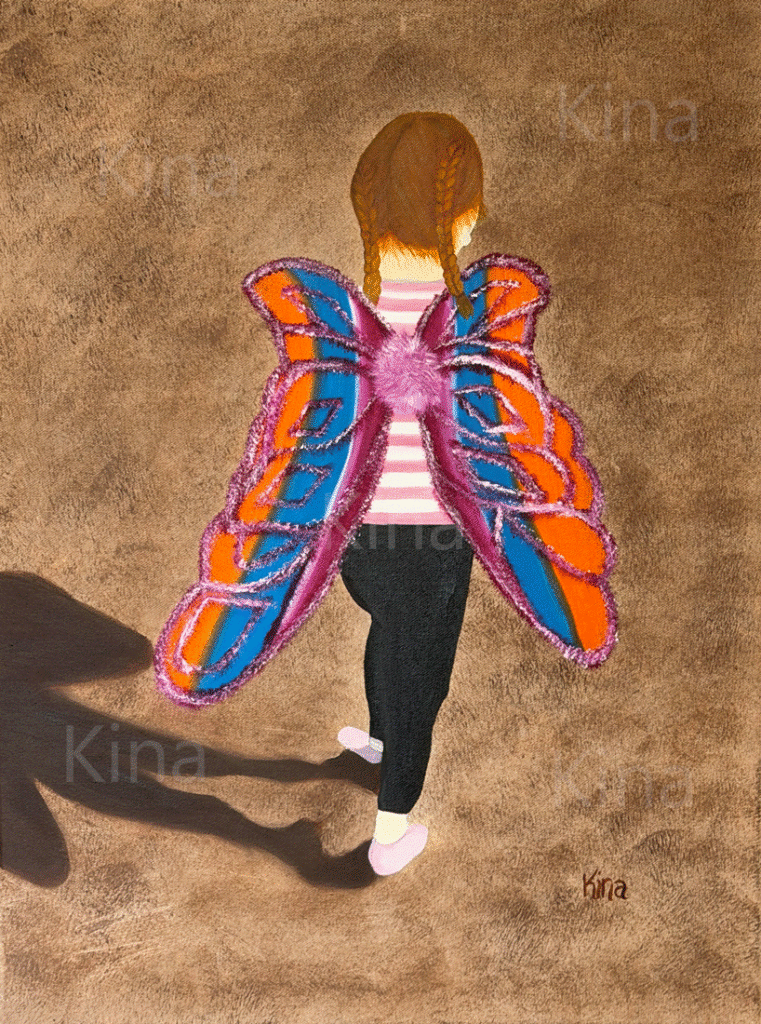 A picture of a painting of a little girl wearing a pair of fairy wings