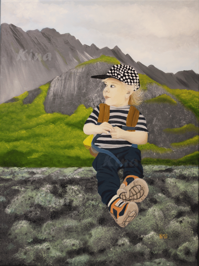 Picture of a painting of a boy sitting on a ledge infront of a mountain