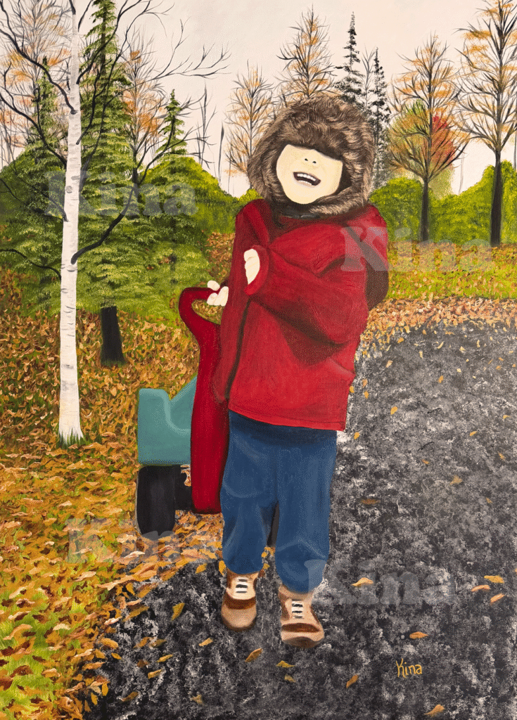 A picture of a painting of a boy pulling his wagon