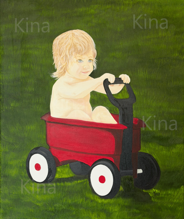 A picture of painting of a boy sitting in his wagon